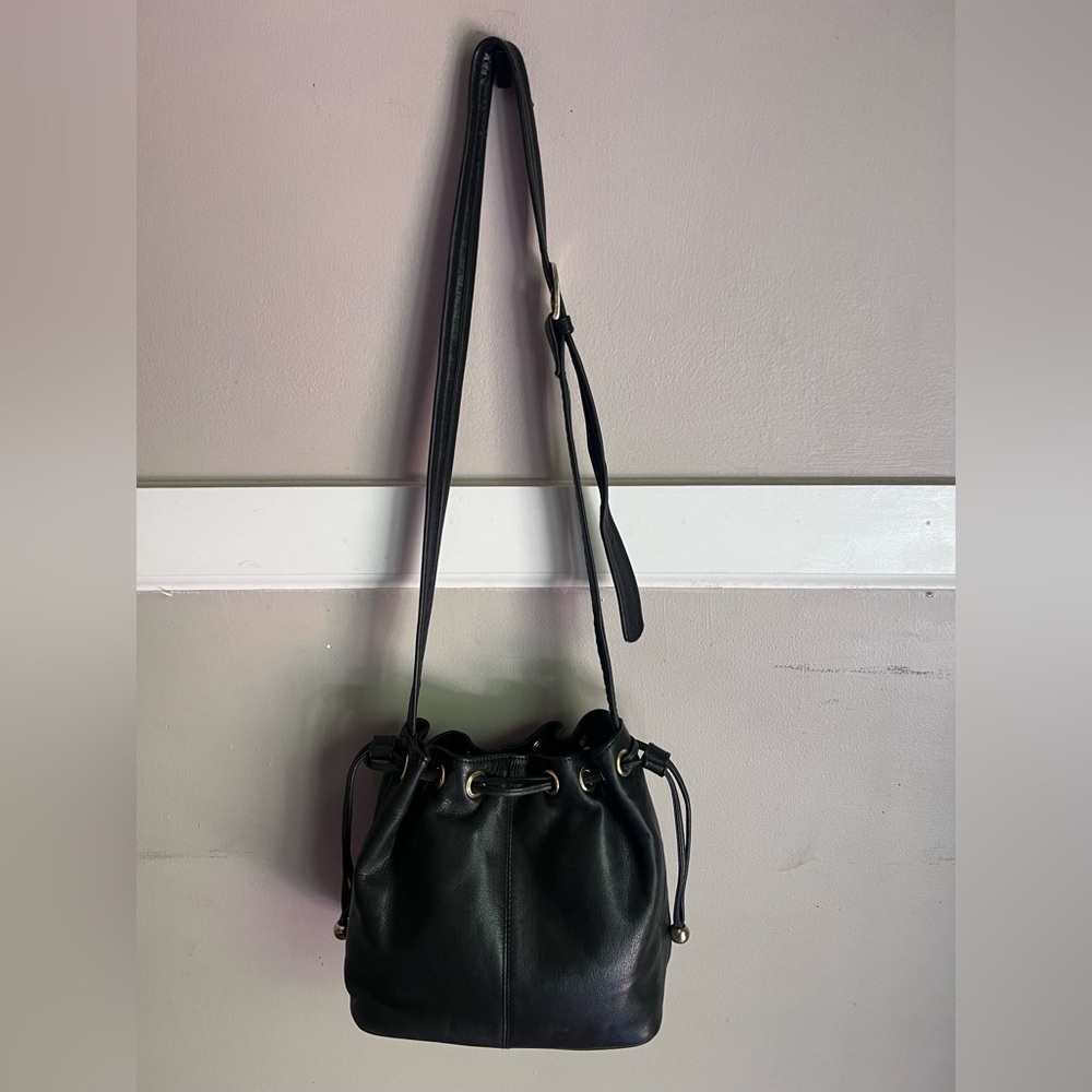 Tignanello Black Leather Drawstring Shoulder Bucket Bag